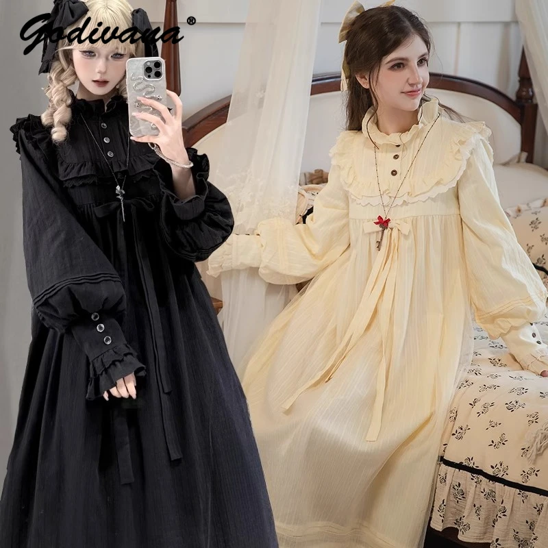 

Original Stand Collar Women's Lolita Nightgowns Long Sleeve Retro Sleepwear Pajamas Female Mid-Length Nightdress