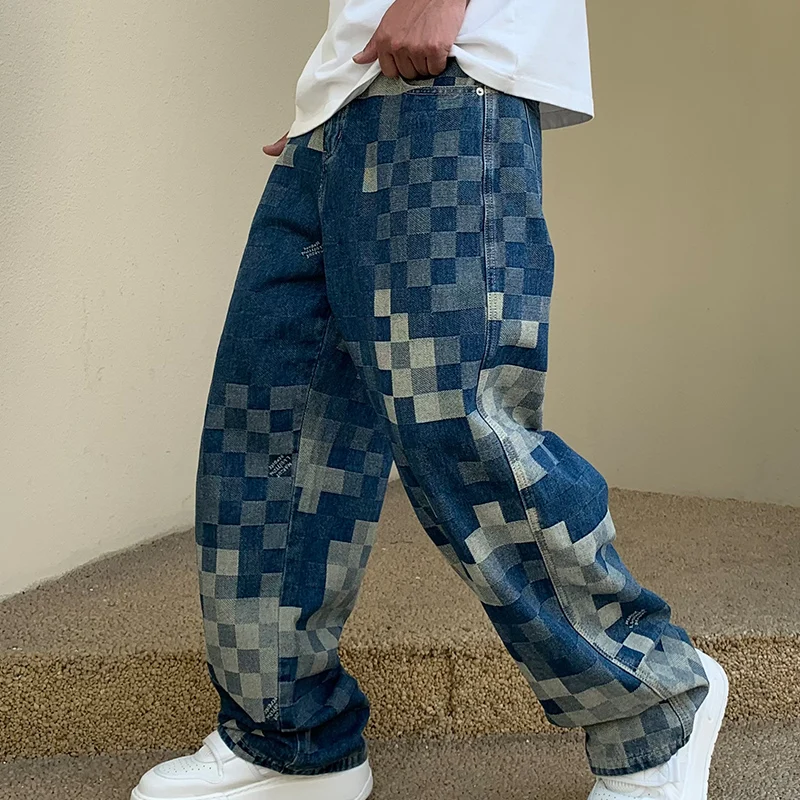 Mosaic checkerboard jeans, men's fashionable and personalized design, loose straight leg street hip-hop Y2K unique trendy pants