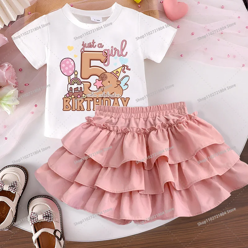 Capibara 2-teiliges T-Shirt und Rock Set für Mädchen, Anime-Cartoon mit Nummern 1-10 Bedruckt, Sommerkleidung für Kinder, Modische Röcke, Geschenke – Detail 12