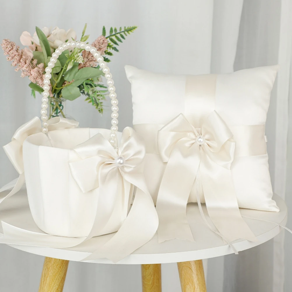 

Flower Girl Basket Ring Bearer Pillow Set Romantic Satin Bow Pearls Ring Pillow For Wedding Ceremony Party Decor