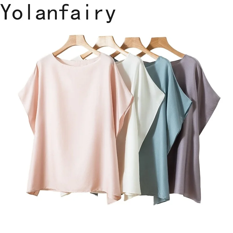 

YOLANFAIRY 93% Натуральные шелковые футболки из тутового шелкопряда для женщин, новинка 2026 года, летняя простая футболка, свободная блузка с круглым вырезом, женские топы
