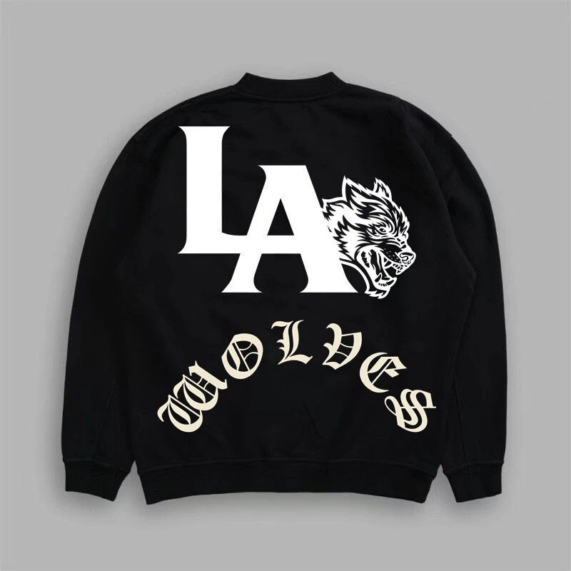 2026 American Streetwear Brand Retro Wolf-head Fleece Printed Sweatshirt for Men and Women Loose Round-neck Top