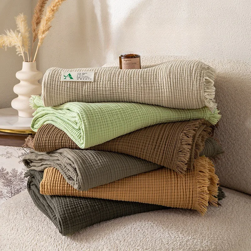 

100% Cotton 4-Layer Crinkle Weave Throw Blanket | Tassels, Maillard Tones | Lightweight Summer Quilt & Cover