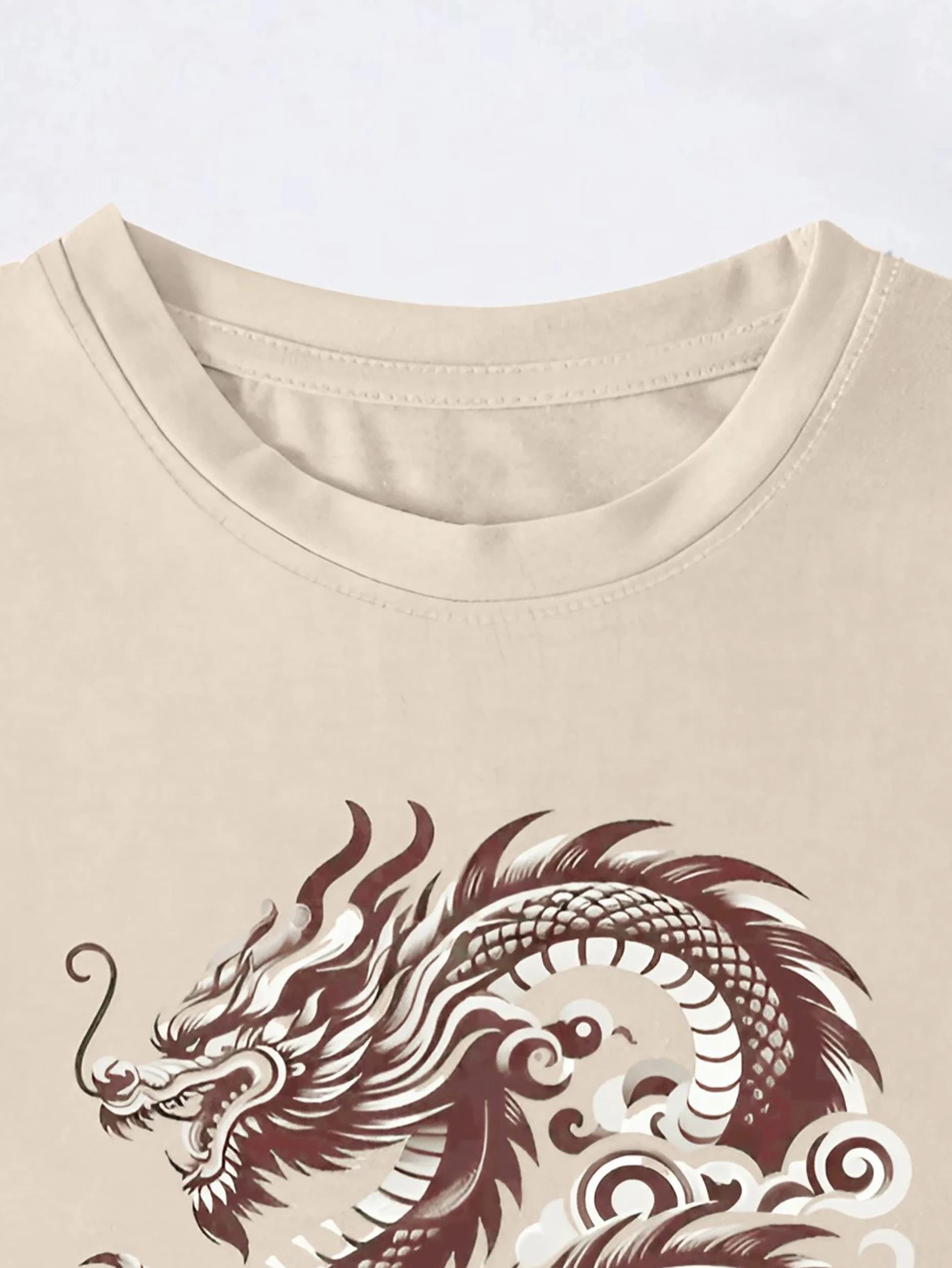 Majestic-Eastern Dragon Print T-shirt, Short Sleeve, Crew Neck, Casual Top for Summer and Spring, Women\'s Clothing