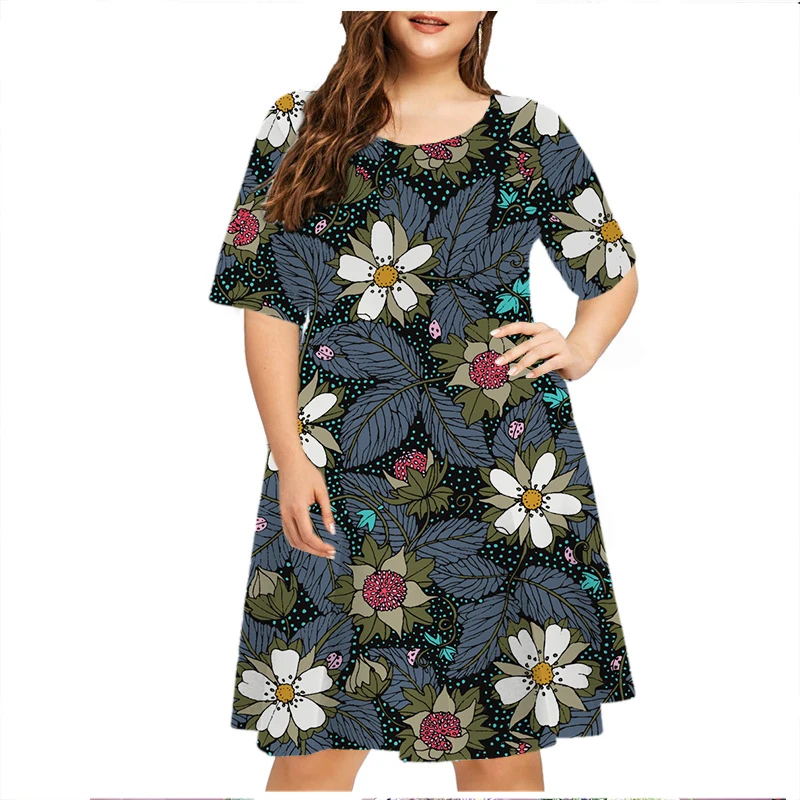 2023 Vintage Tie Dye Flowers Plant Print Dress Women Plus Size Summer Dresses Short Sleeve O-Neck Loose Casual Sundress Female