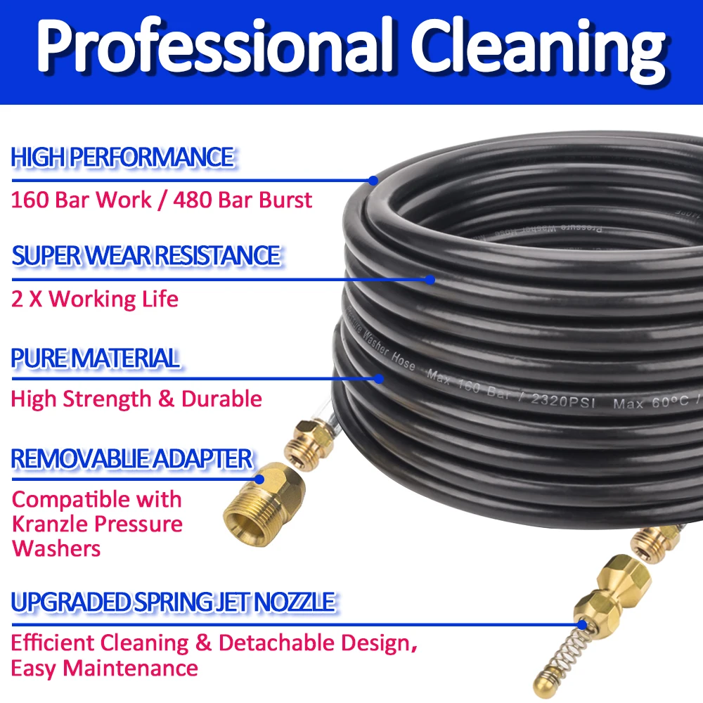 10~20 meter High Pressure Washer Sewer Drain Water Cleaning Hose Sewage Pipeline Clean Sewage Jetter Hose Kit for Kranzle