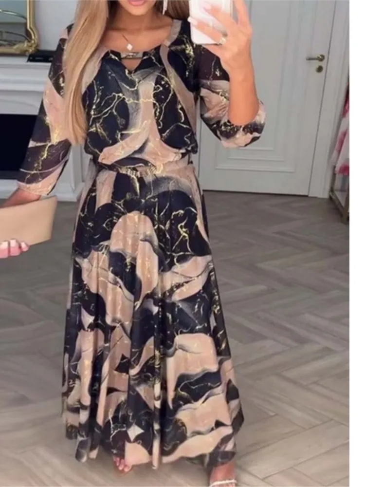 

2025 Elegant Temperament Seven Quarter Sleeve Printed Waist Cinched Dress For Women's Fashion Summer Casual Printed Long Dress