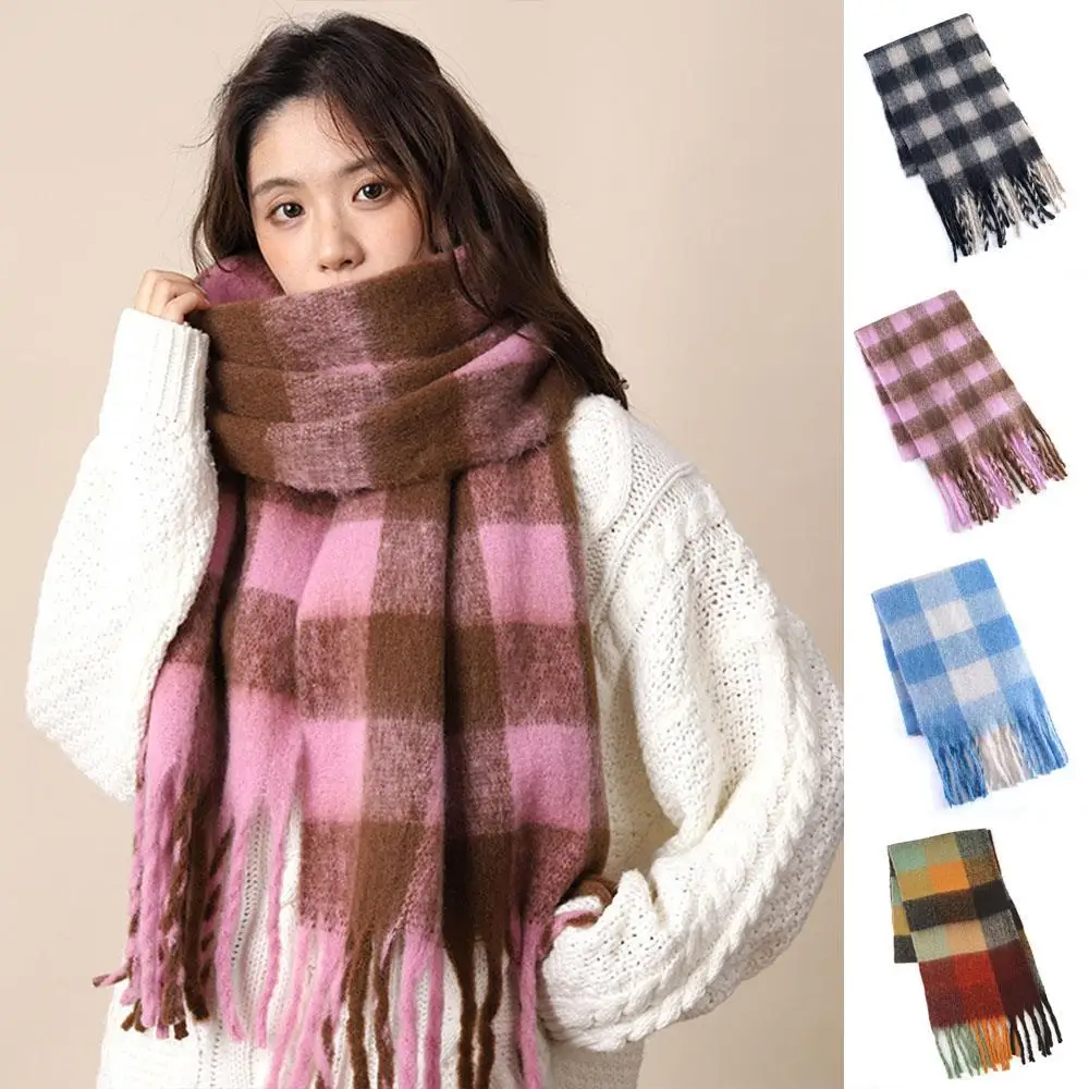 Couple Tassels Fluffy Scarf  Winter Thicken Warm Neckerchief DIY Luxury Plaid  Shawl Wraps Colorful Long Neck Scarf For Women