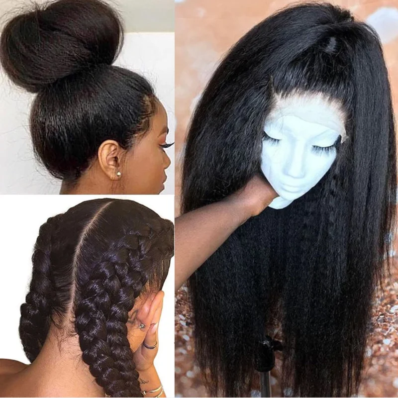 

Soft Yaki 26Inch 180Density Long Kinky Straight Natural Black Deep Lace Front Wig For Women Babyhair Glueless Preplucked Daily