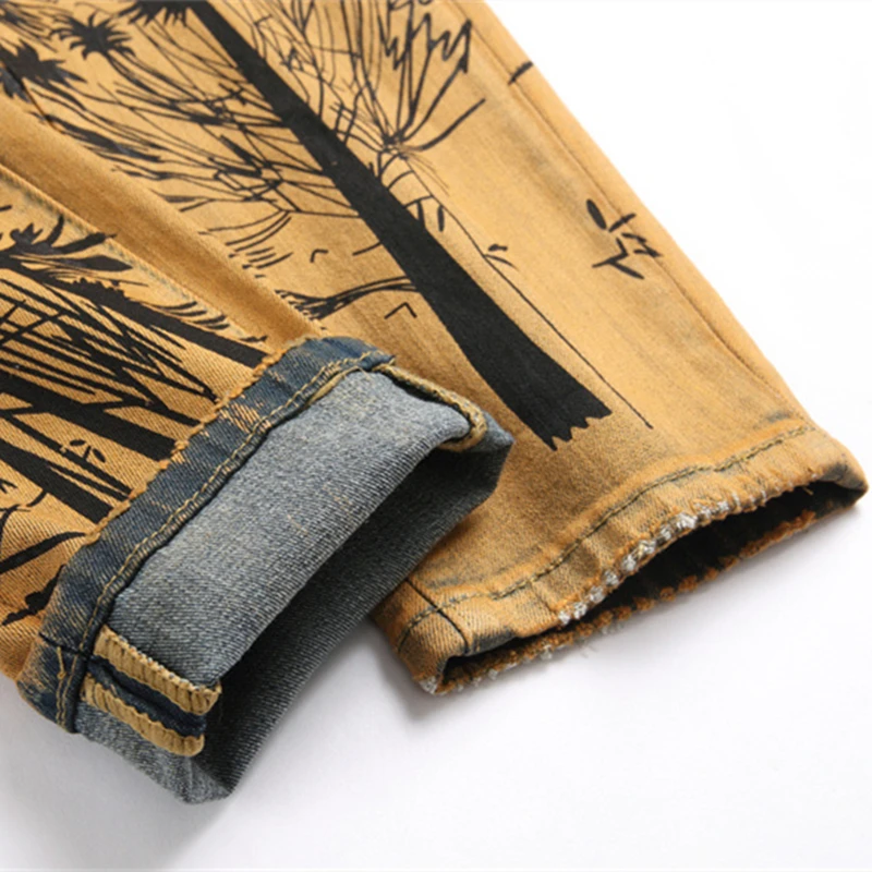 New Vintage Color Fashion Printed Jeans Mid-Waist Street Slim Stretch Pants Men\'s Casual Pants