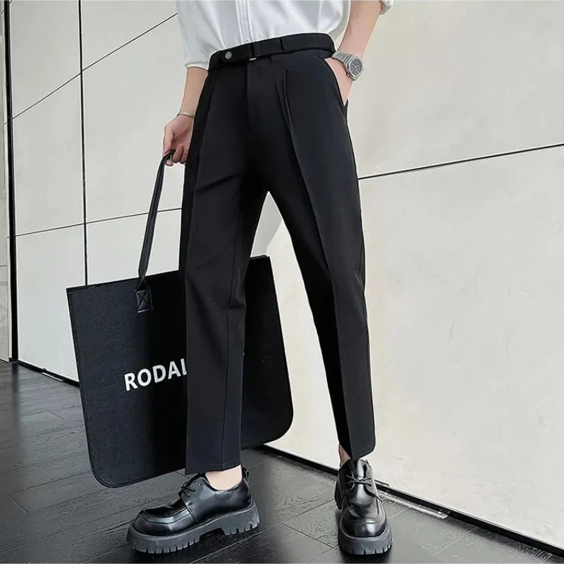 Ice Silk Men's 2024 Spring and Autumn New Patchwork Button Zipper Pocket Fashion Solid Color Loose Casual Straight Leg Pants