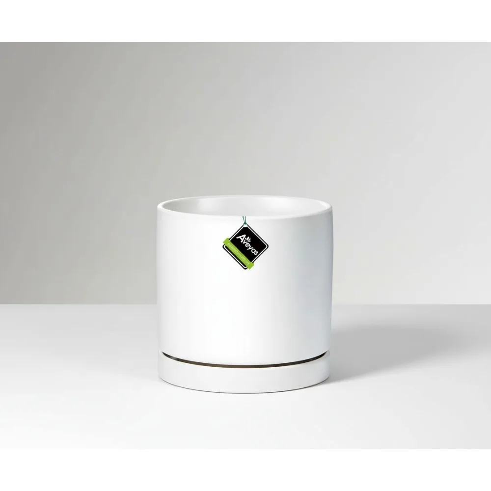 

8 Inch Ceramic Plant Pot with Drainage & Saucer - Modern Indoor Outdoor Planter for Garden Flowers Snake Monstera Plants