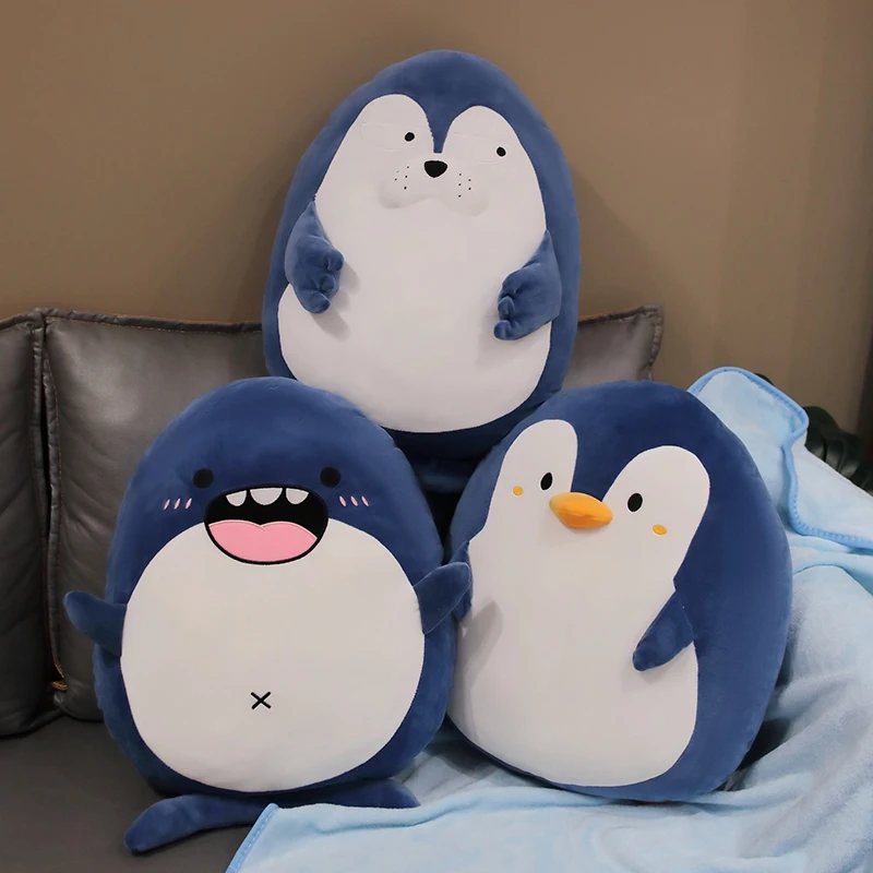 

55cm Squishy Blue Aquatic Animal Plush Pillow Stuffed Seal Penguin Shark Emotion Cartoon Plushie Peluche Present