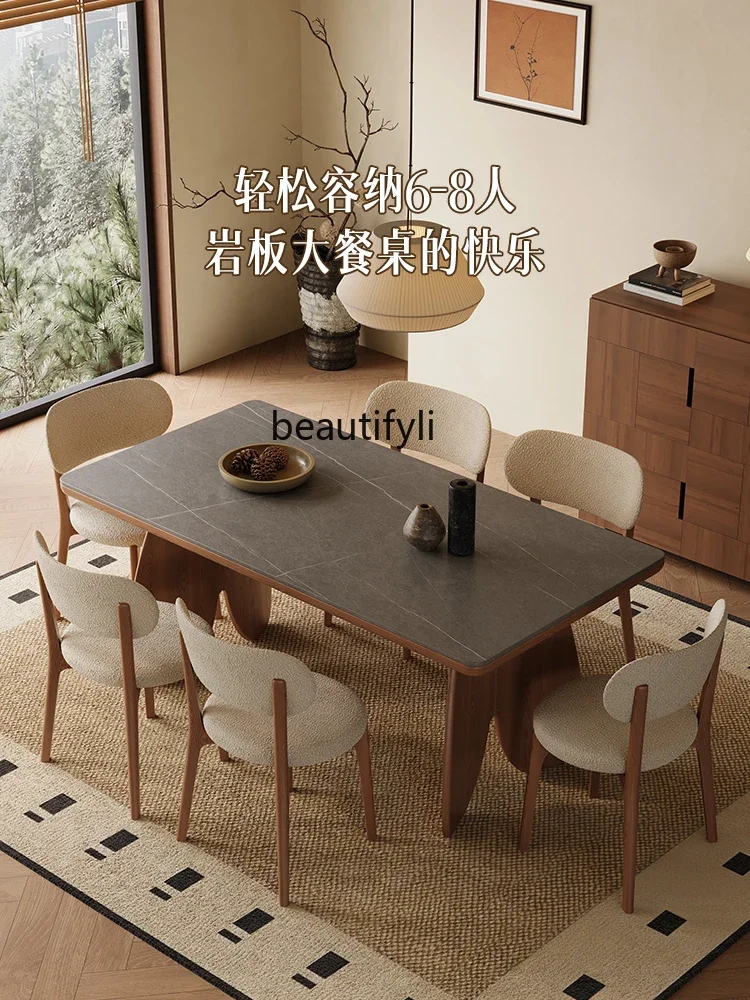 Nordic Solid Wood Matte Rock Slab Dining Table and Chair Set for Living Room Small Apartment, Rectangular Simple Dining Table