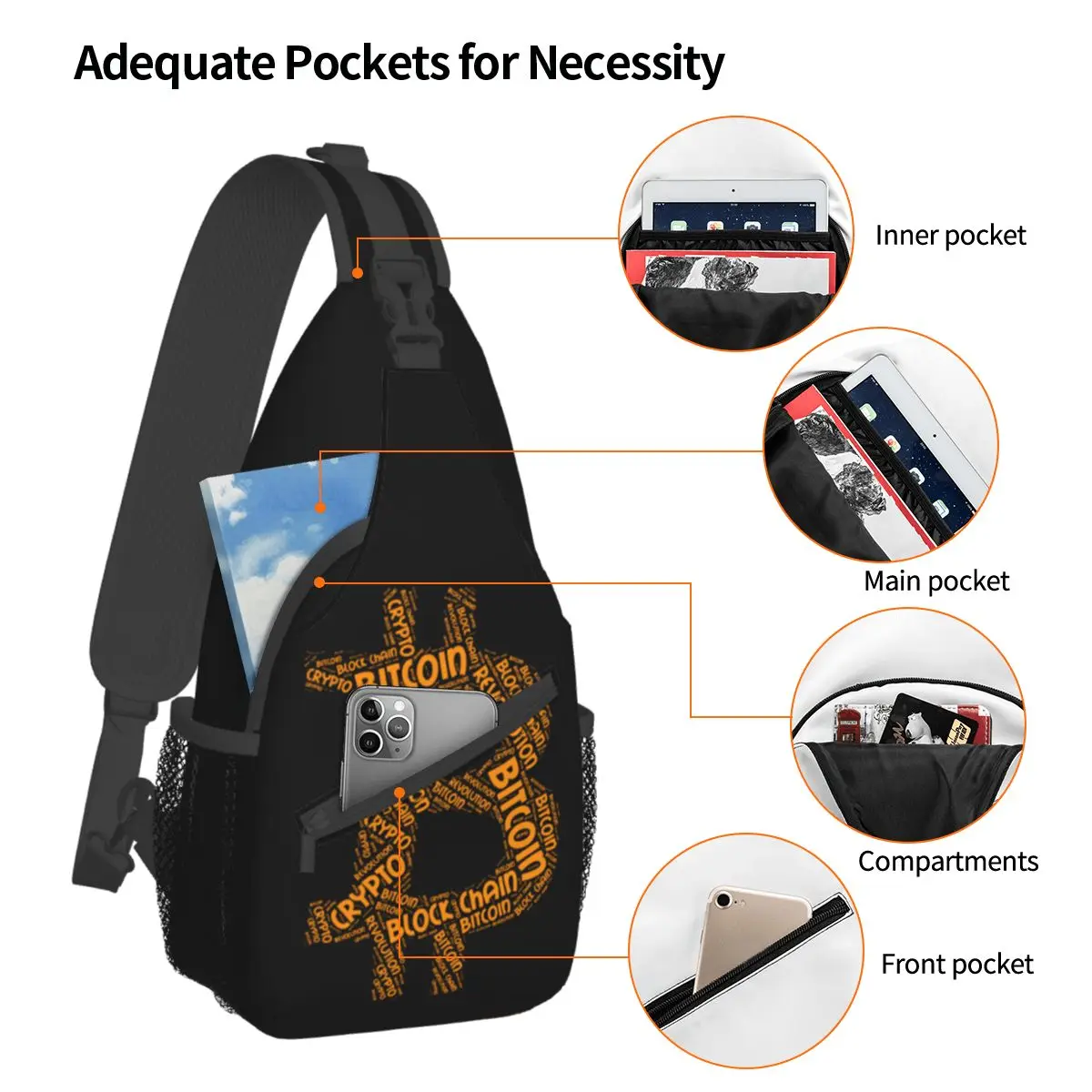 Bitcoin Block Chain Crossbody Sling Bags Small Chest Bag Crypto Word Shoulder Backpack Daypack for Hiking Travel Camping Pack