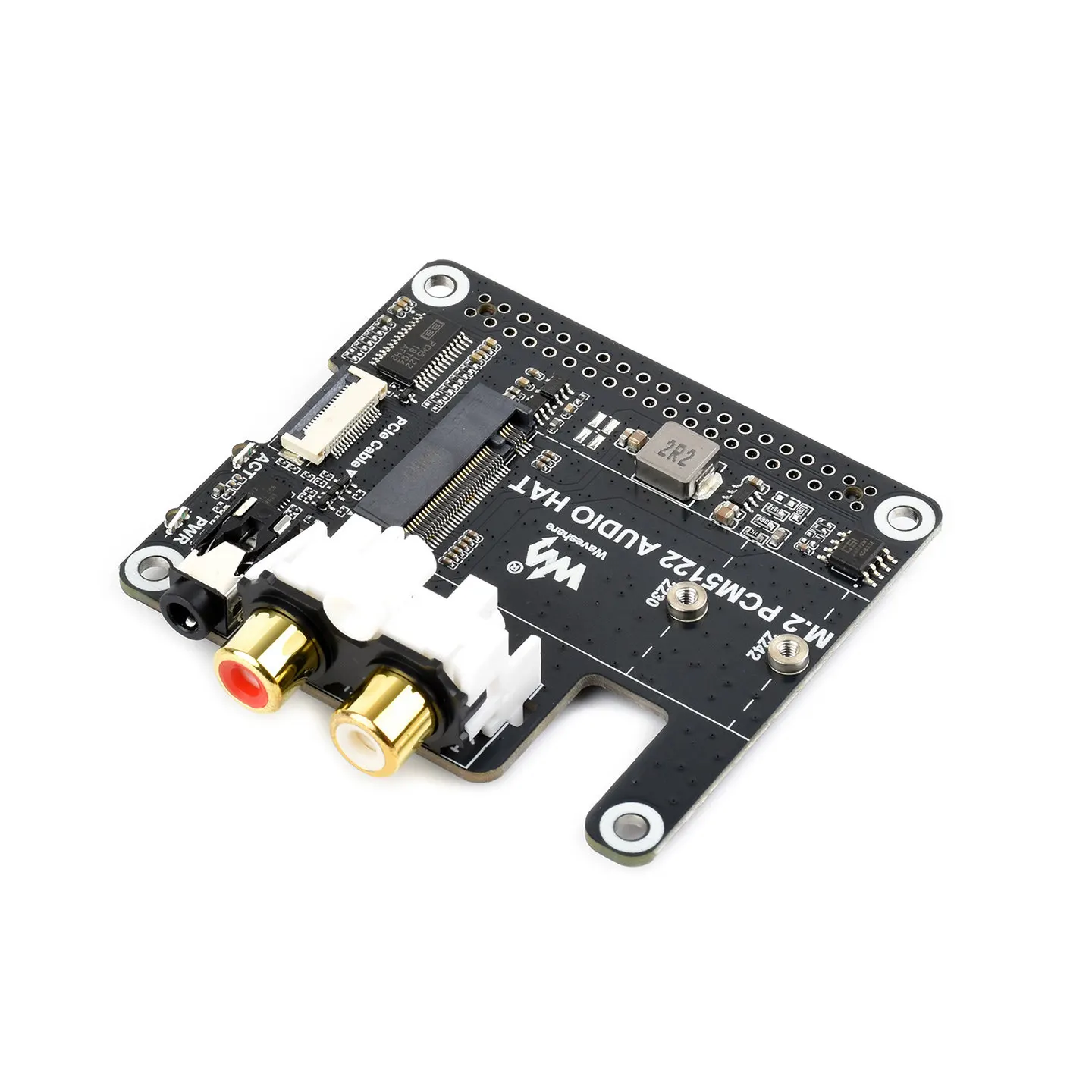 Waveshare Raspberry Pi 5 PCIe to M.2/I2S Audio Expansion Board, PCM5122 Stereo Codec Chip