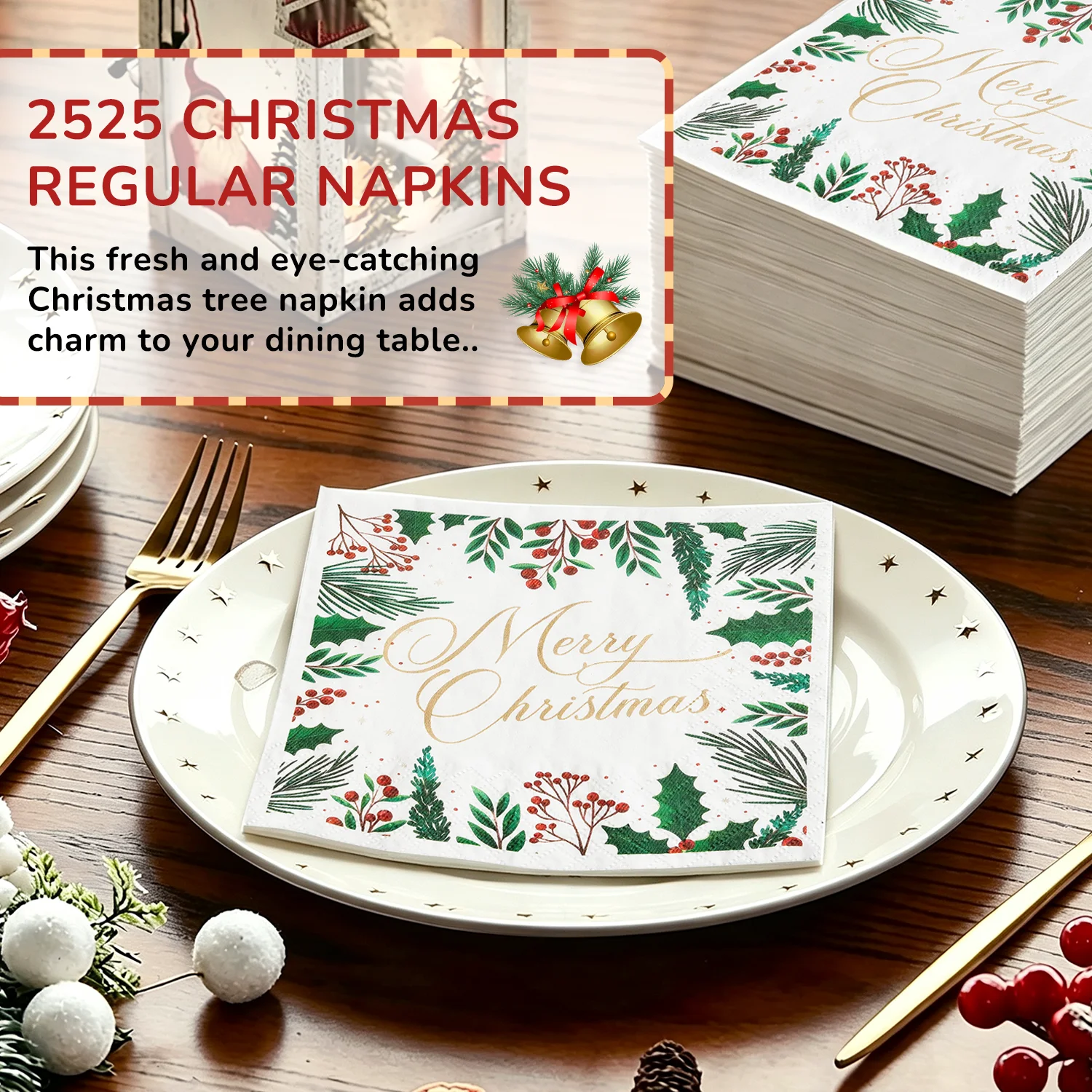 100Pcs Merry Christmas Paper Napkins Disposable Square Holiday Dinner Party Tableware with Gold Text and Winter Pine Berry Print