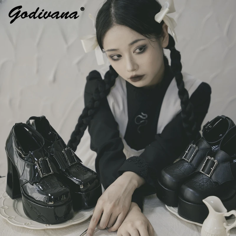 

Gothic Style Platform Uniform Shoes Original Bat Cobweb Subculture Lolita Women Girls Leather Pump Shoes High Heels