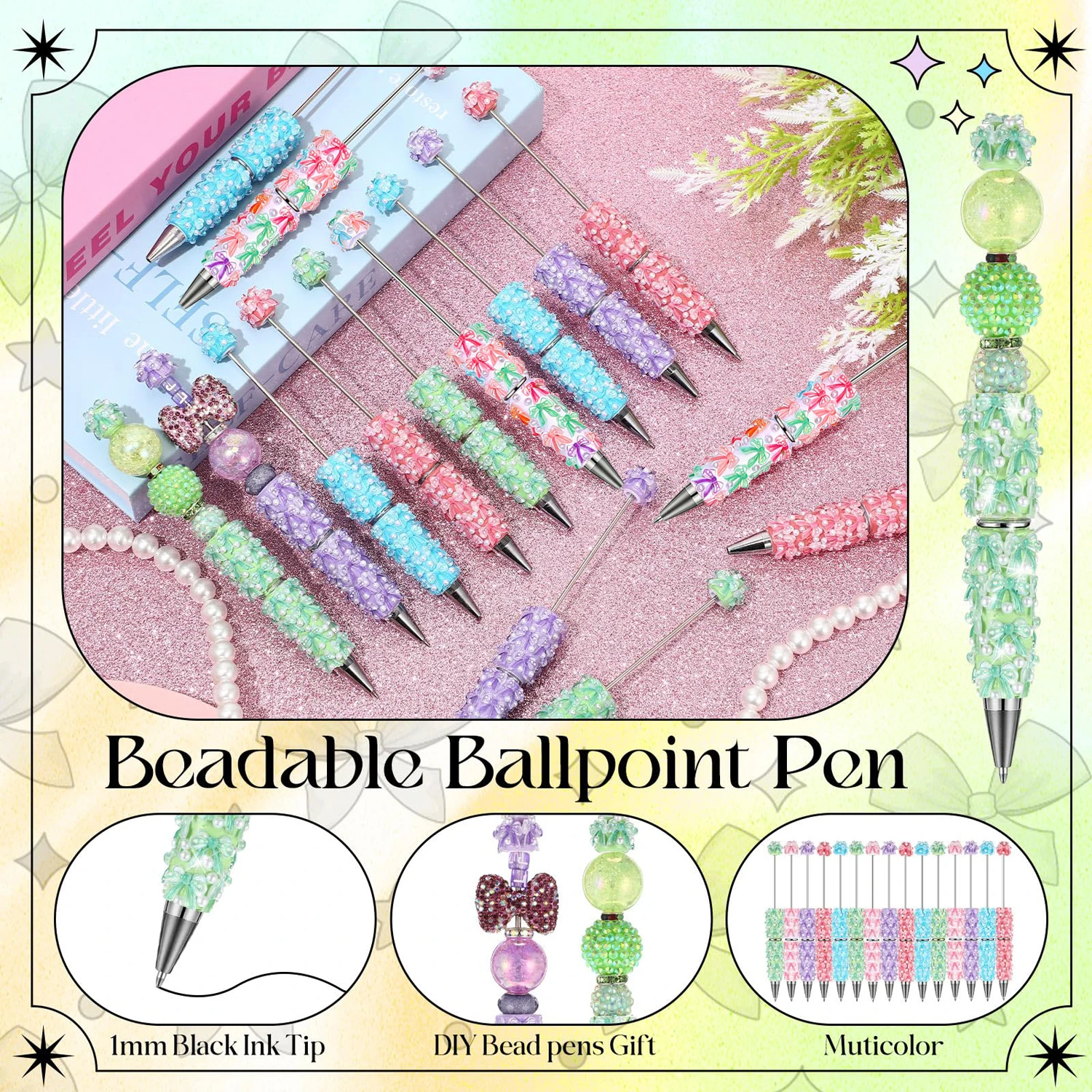 10-50Pcs DIY Bead Pen Ballpoint Pen – Pearl-Studded Cute Bead Pen with Decorative Bow, Perfect for Party Favors & Bulk Orders