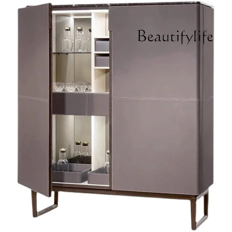 R Italian Minimalist Saddle Leather Wine Cabinet Villa Luxury Home Storage Ash Wood Dining Side Cabinet High-end