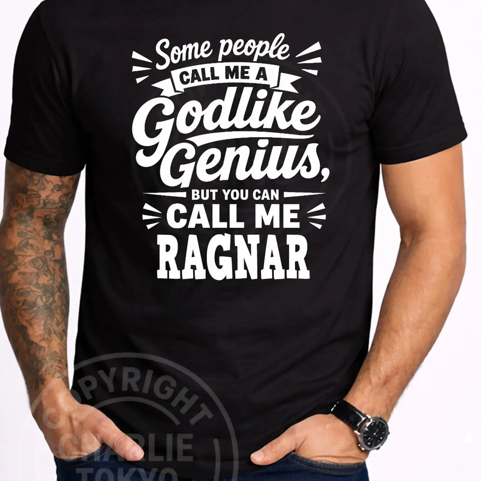 Ragnar Men's Black T Shirt Godlike Genius Birthday  vintage Washed homme fashion graphic Breathable Versatile Slightly