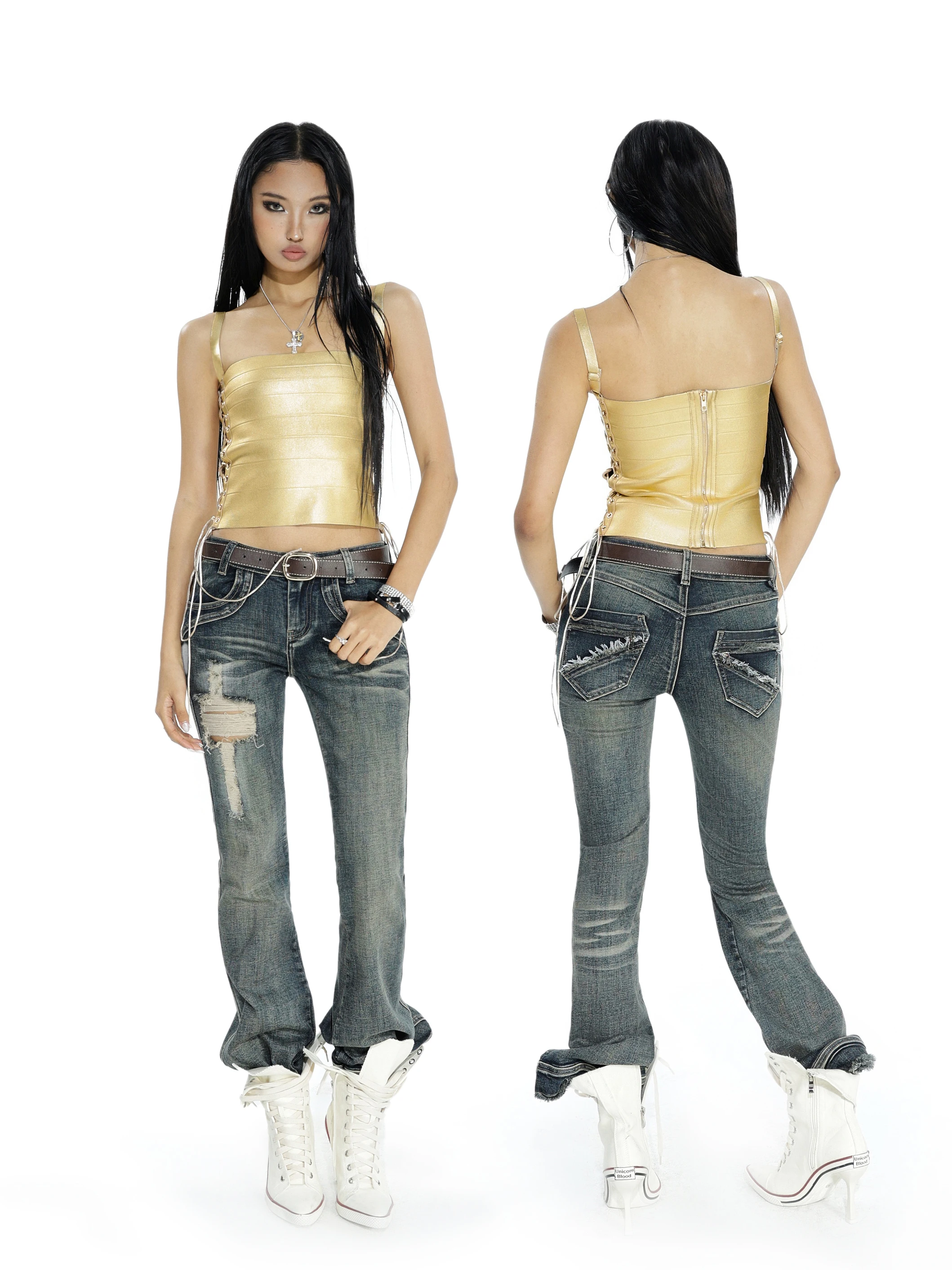 Audwyn Low Waist Distressed Denim Jeans Women's Street Style Cotton Stretchy Slim Fit Jeans with Double Pockets And Washed Ef...