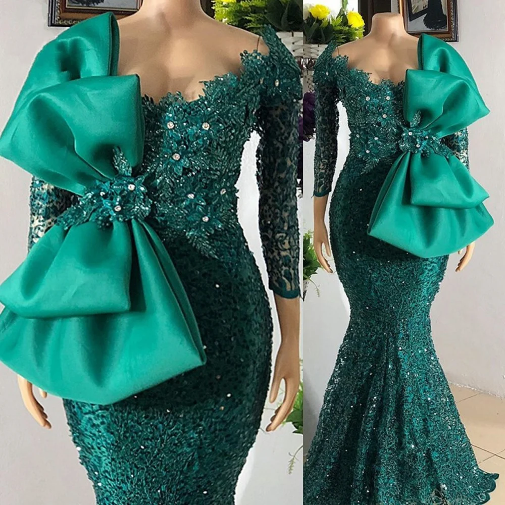 Mangas compridas brilhante africano vestidos de noite caçador verde beading plus size formal ocasião casamento festa formatura vestidos