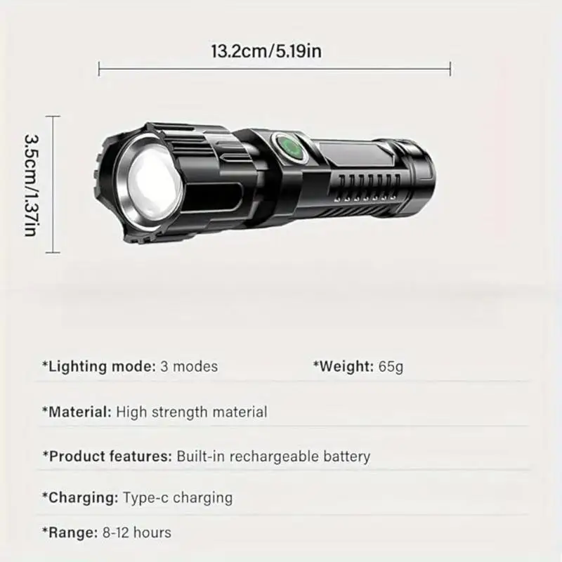 Portable led strong light flashlight, USB rechargeable telescopic zoom torch, multi-functional outdoor lamp outdoor camping