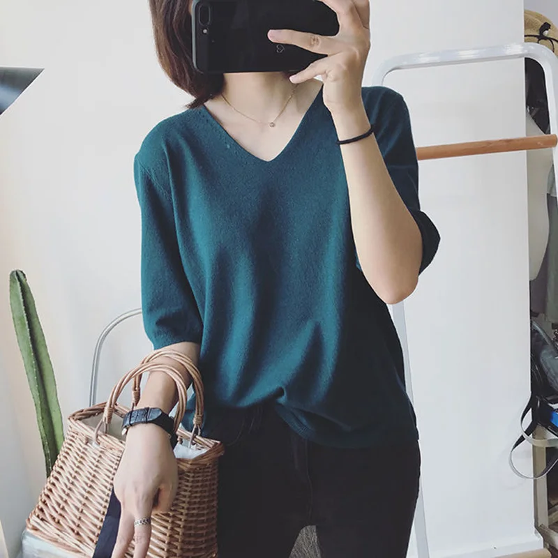 Fashion Solid Color V-Neck Half Sleeve Knitted Sweater Women's Clothing 2022 Autumn New Loose Casual Pullovers Commute Tops