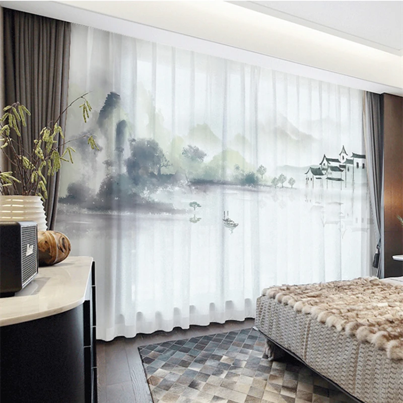 

Custom Chiffon Sheer Curtain Window Drape for Bedroom Living Room Mountain Hills River Boat Houses Trees Landscape