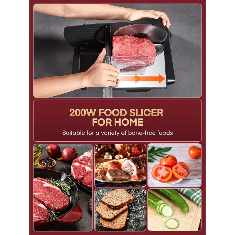 FOHERE Meat Slicer for Home Use, 200W Electric Deli Food Slicer with Removable Two 7.5” Blades, 0-15 Precise Thickness Knob Cut