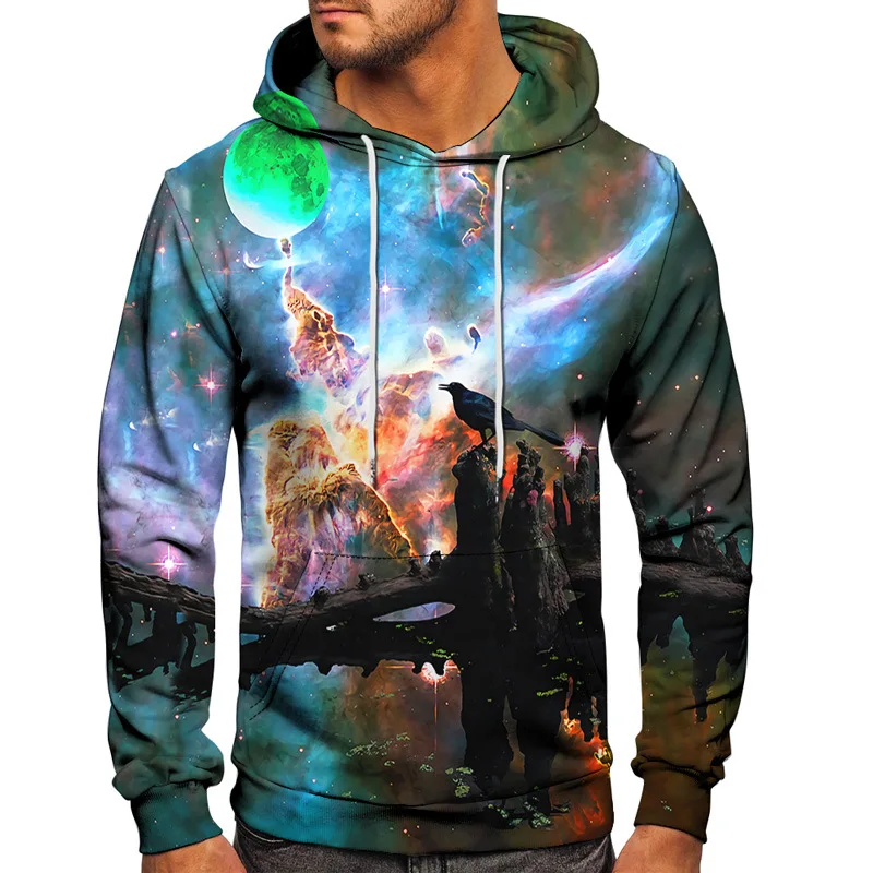 Mens Outdoor Sports Hoodies Mountain Galaxy Moon Sun 3D Print Harajuku Hooded Sweatshirt Unisex Clothes Tracksuit S-6XL Pullover