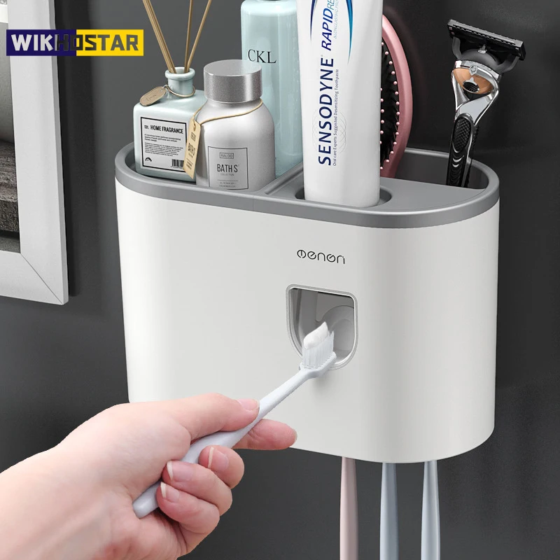 WIKHOSTAR Automatic Toothpaste Dispenser Multifunctional Storage Rack Wall Mounted Toothbrush Holder Bathroom Accessories Sets