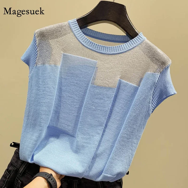 2024 Korean O-neck Short Sleeve Knitted Tops Patchwork Ice Silk Blusas Women Pullover Fashion Thin Blouse Mujer De Moda 8796