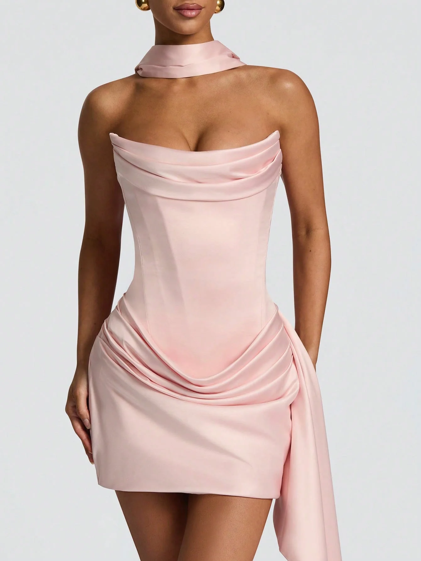 Mona Damen Mode Schnür-Sexy-Mini-Satinkleid Bodycon Trägerloses Drapiertes Kleid Rosa Elegantes Hochzeits-Abend-Cocktail-Party-Kleid