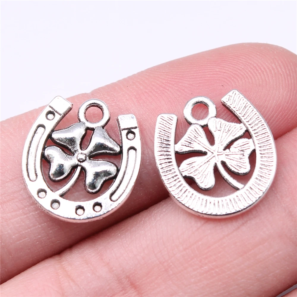 

Wholesale 150pcs/bag Charms 16x15mm Lucky Clover Horse Shoe Charms DIY Jewelry Findings Antique Silver Color Charms