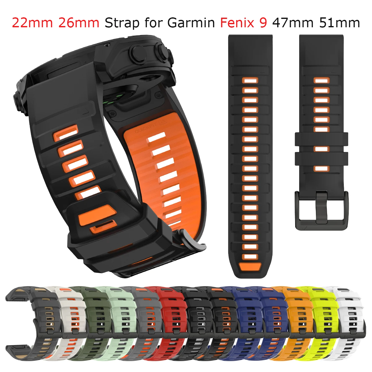 QuickFit 22mm 26mm Fenix 8 Watch Band For Garmin Fenix 9/Fenix 9Pro AMOLED Solar inReach/Tactix 8 Two-Tone Rubber Strap Bracelet