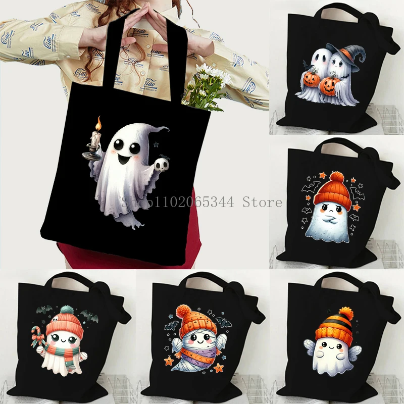 Halloween Shopping Shoulder Tote Bag Women High Capacity Cartoon Ghost Funny Festival Hand Bags Halloween Bat Canvas Handbags