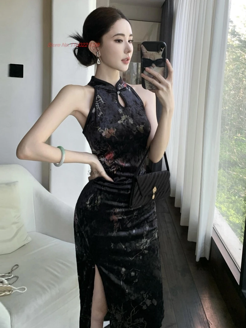 

2025 китайское улучшенное Cheongsam сексуальное Ципао с национальным цветочным принтом без рукавов бархатное платье Ципао для ночного клуба вечернее банкетное платье