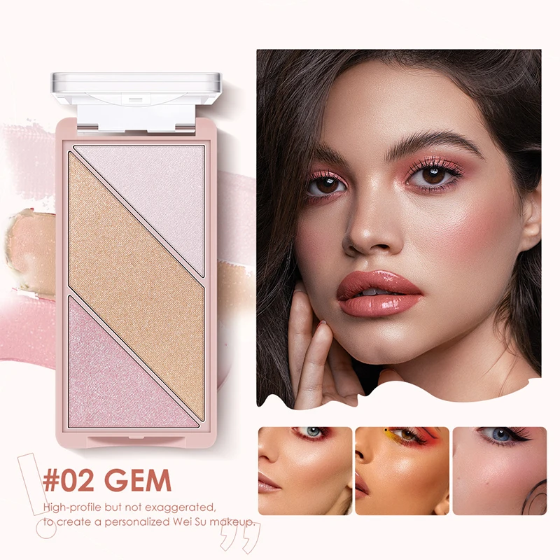 3-color palette, shadow, highlighter and blush in one, lightweight and long-lasting, conceals fine lines and imperfections