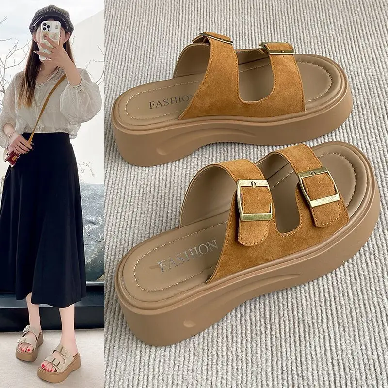 

Retro Small Platform Casual Beach Roman Shoes Women's Summer Wear Metal Buckle New Heightened Slip Slippers
