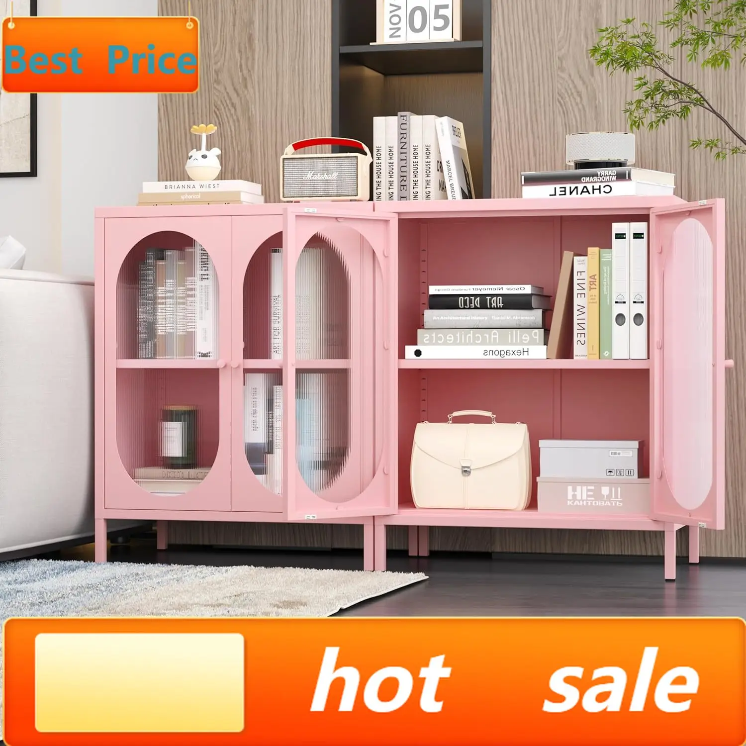 hot-sellingSmall 2 Transparent Door Metal Storage Side Buffet Cabinet for Bed Room,Living Room,Entryway,Hallway,Home,Hotel,Offic
