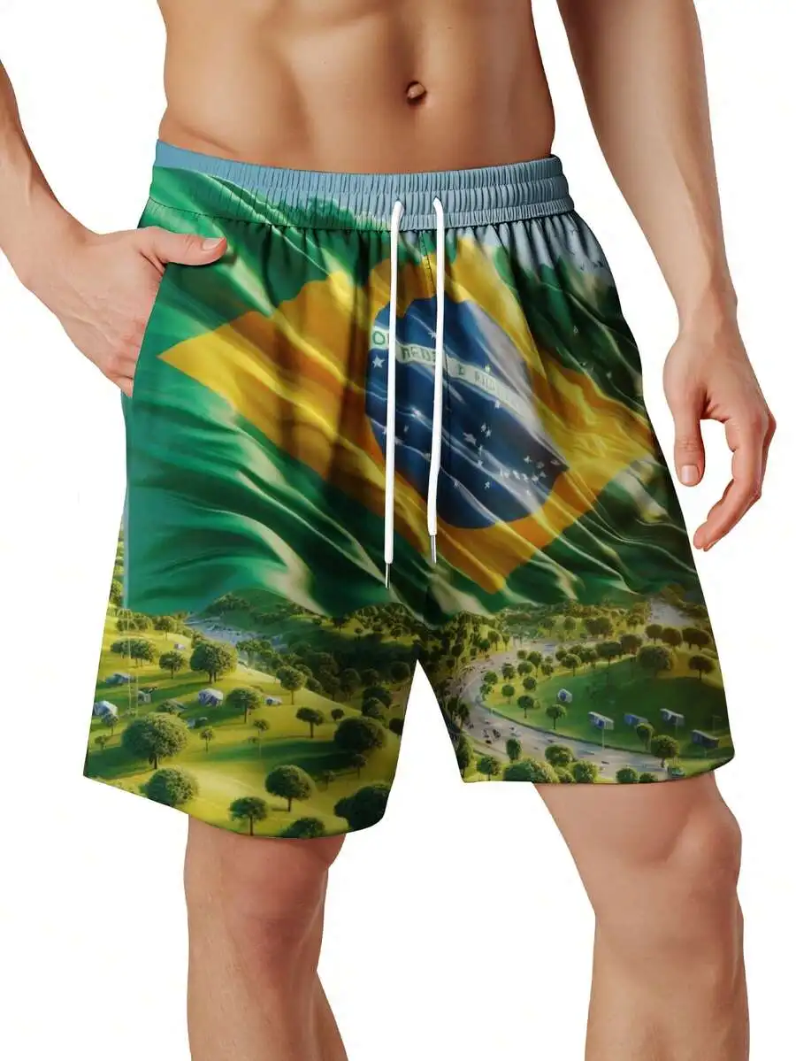 

Brazil Flag And Landscape Print Mens Quick Dry Beach Shorts For Summer Vacation