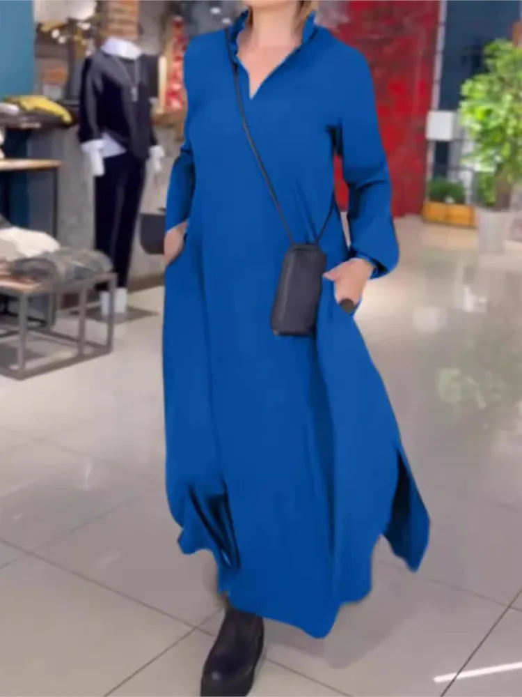 New Autumn And Winter Casual Solid Color V-neck Long-sleeved Pocket Dress For Women Fashion Elegant Black Loose Dresses Femme