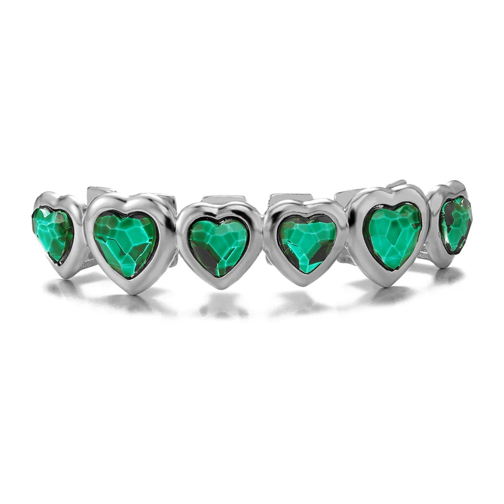 Hip Hop Teeth Heart-Shaped Grillz Fashion Green CZ Stone Iced Out Charm Grills Dental Mouth Punk Teeth Charm Jewelry Gift