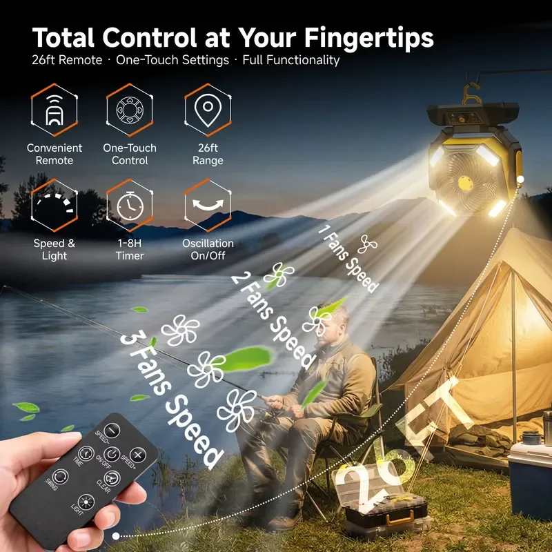 Portable Rechargeable Camping Fan with LED Light USB Powered Outdoor Tent Cooling Device Remote Control Oscillating Air