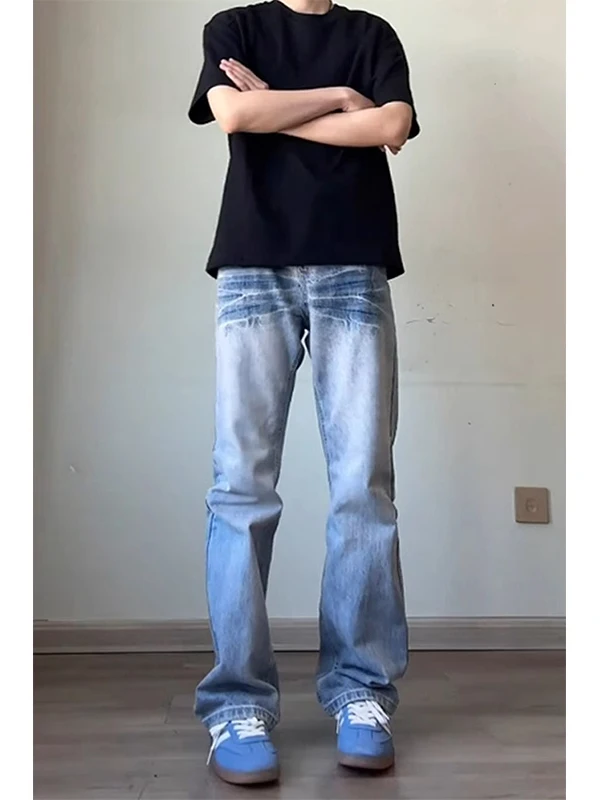 

Синие джинсы с эффектом потертости и узором молнии, зауженные, прямого кроя, с высокой талией, длинные брюки для высоких мужчин, Cleanfit American High Street