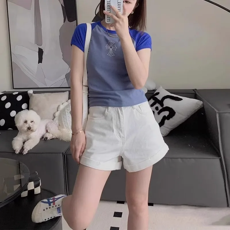 

Slim Fit High Waist Straight Leg Denim orts Women's ature Faion Meat Conceal Thin White Rolled Summer Hot Pants