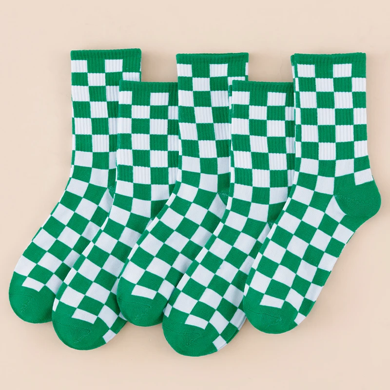 5 Pairs Of Four-Season Unisex Green And White Checkered/Striped Versatile Comfortable Casual Knee-High Socks
