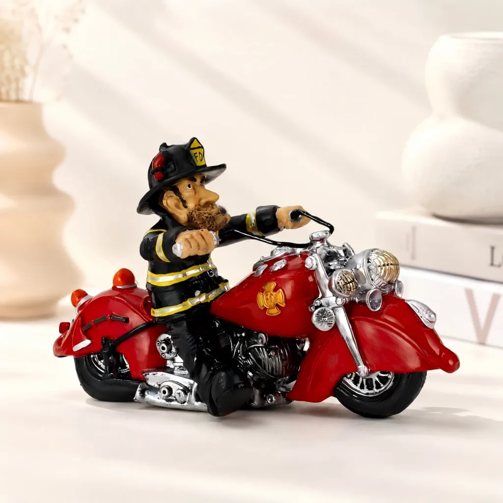 Creative Firefighter Motorcycle Statue Resin Fireman Biker Figurine Miniature Desktop Ornament Home Decor Father's Day Gift